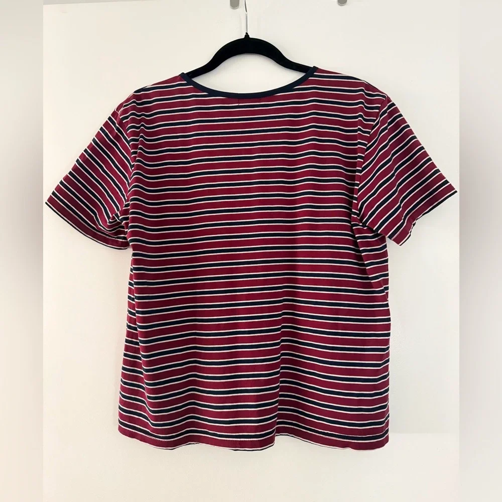 DONNI. cotton model short sleeve tee navy burgundy red striped shirt size XS - Picture 5 of 6